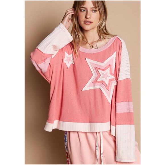 POL Tops - Cozy Star Patch Color Block Long Sleeve Loose Fit Top